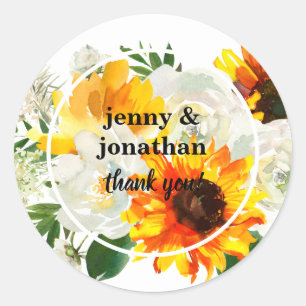Adesivo Redondo Sunflower & White Rose Burlap Obrigado