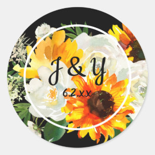 Adesivo Redondo Sunflower & White Rose Monograma Obrigado- Preto