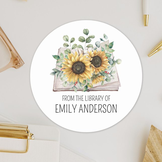 Adesivo Redondo Sunflowers on Book From the Library of Bookplate (Close up)