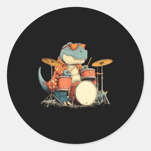 Adesivo Redondo Sungles Rockstar Dinosaur With Cool Drums Costume  (Frente)
