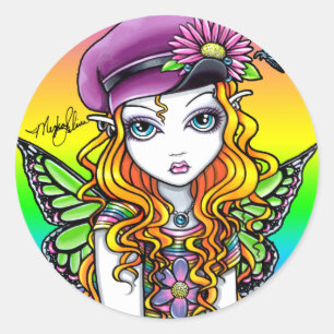 Adesivo Redondo "Sunny", Bonita Borboleta-Arco-Íris Fada