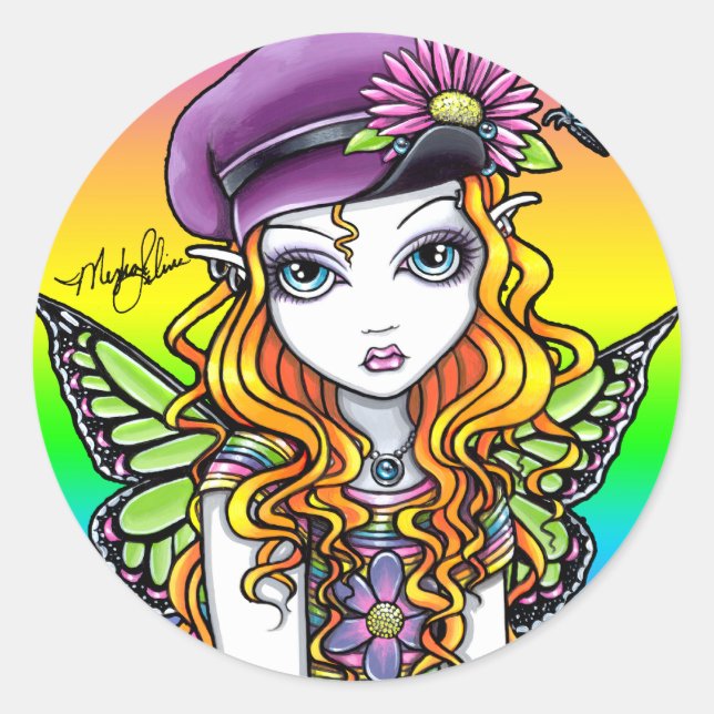 Adesivo Redondo "Sunny", Bonita Borboleta-Arco-Íris Fada (Frente)