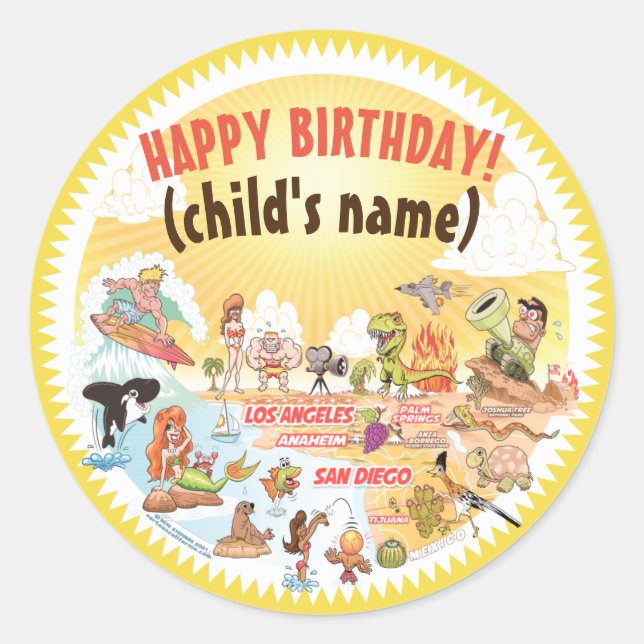 Adesivo Redondo Sunny California Beach Birthday Sticker (Frente)