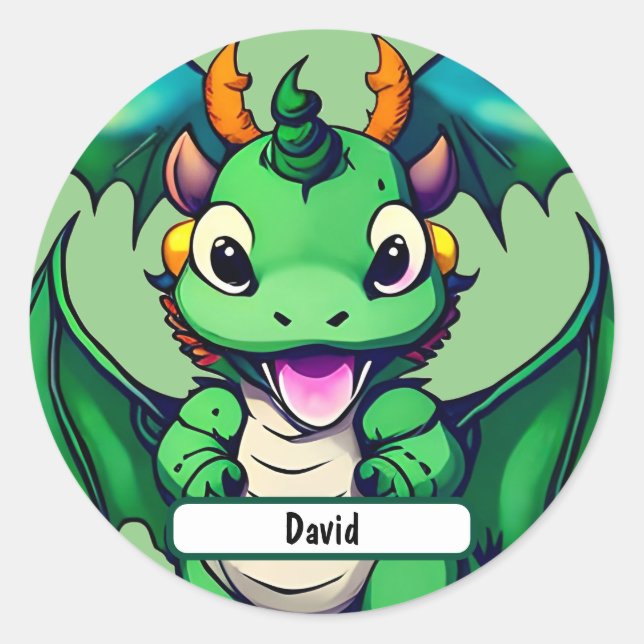 Adesivo Redondo Sunny, O Dragão Amigável Com O Nome Personalizado (Frente)