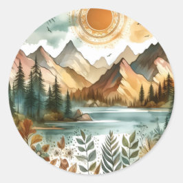 Adesivo Redondo Sunny Rustic Boho Nature Pattern Mountain Lake