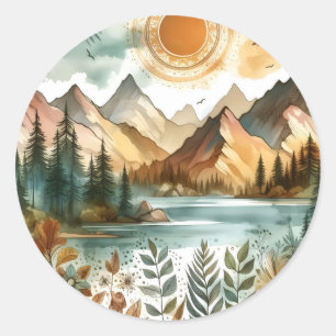Adesivo Redondo Sunny Rustic Boho Nature Pattern Mountain Lake