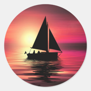 Adesivo Redondo Sunset, Barco à vela no mar-39186