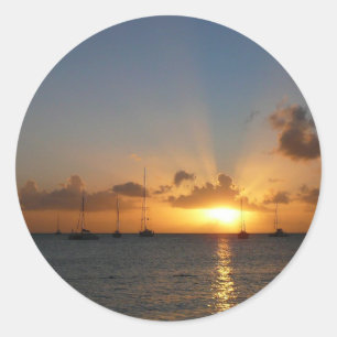 Adesivo Redondo Sunset com Imagem de Paisagem Tropical de Barcos d