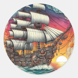 ADESIVO REDONDO SUNSET DO NAVIO DE VARREDURA STEAMPUNK