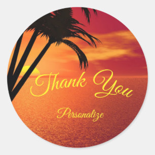 Adesivo Redondo Sunset on Beach Palm Tree Obrigado Personalize
