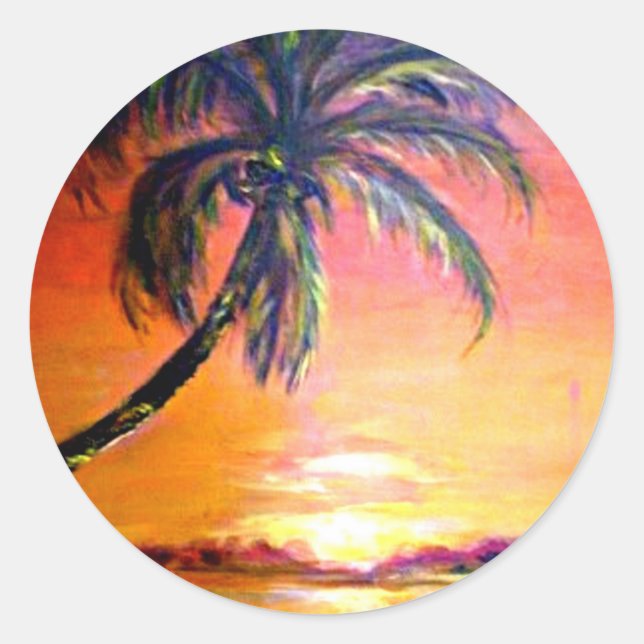 Adesivo Redondo Sunset tropical, pintura de arte, (Frente)