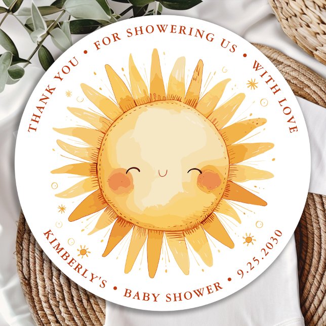 Adesivo Redondo Sunshine Boho Cute Sun Baby Shower Thank You (Criador carregado)
