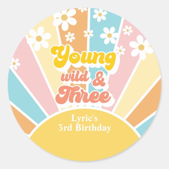 Adesivo Redondo Sunshine Retro Daisy aniversário de 3 anos (Frente)