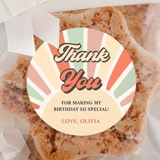 Adesivo Redondo Sunshine Retro Rainbow Obrigado Festa de aniversár (Criador carregado)