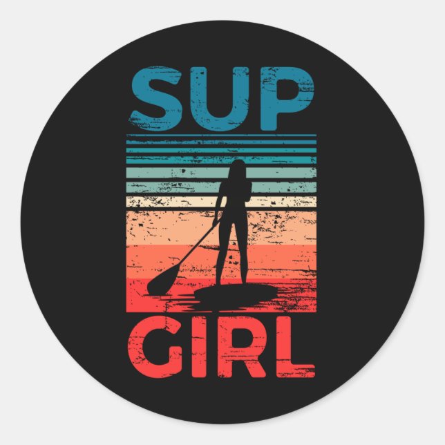 Adesivo Redondo SUP Girl Stand Up Paddando Conselho Surfing (Frente)
