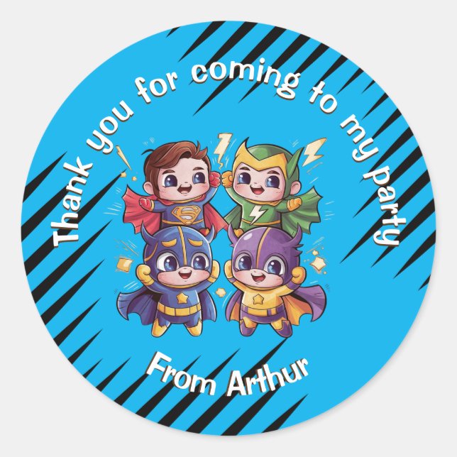 Adesivo Redondo Super heróis do partido Crianças super heróis iden (Frente)