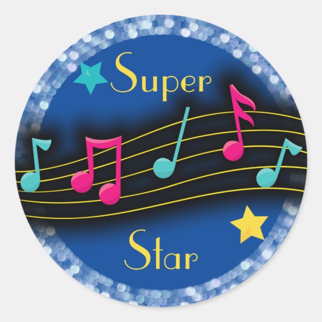 Adesivo Redondo Super Star Music Notes Classic Round Sticker (Frente)