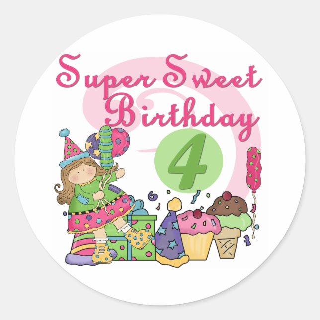 Adesivo Redondo Super Sweet 4th Birthday T-shirts e presentes (Frente)