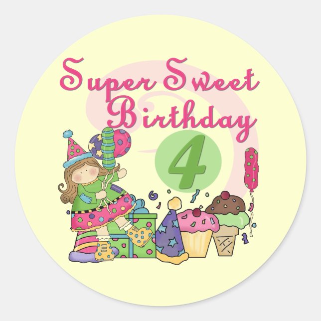 Adesivo Redondo Super Sweet 4th Birthday T-shirts e presentes (Frente)