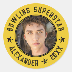 Adesivo Redondo Superestrela do Boliche Moderno Nome Amarelo Foto 