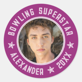 Adesivo Redondo Superestrela do Boliche Moderno Roxo Rosa Nome Fot