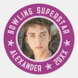 Adesivo Redondo Superestrela do Boliche Moderno Roxo Rosa Nome Fot