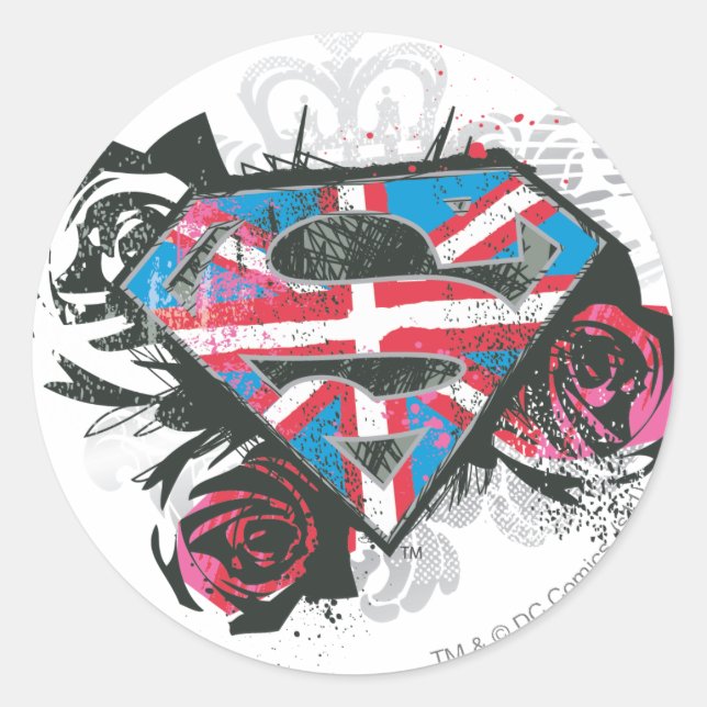 Adesivo Redondo Supergirl British Flag and Roses (Frente)