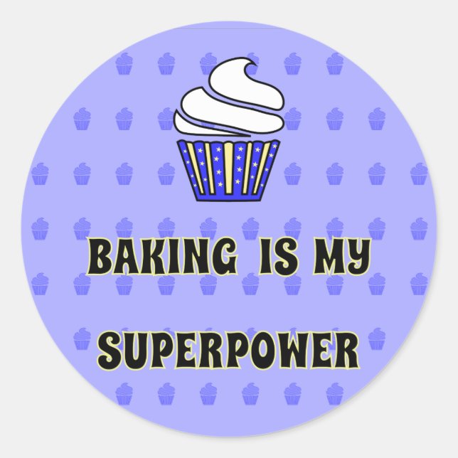Adesivo Redondo Superpotência de panificação de cupcake azul (Frente)