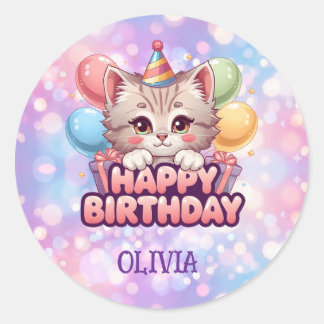 Adesivo Redondo Suprimentos para Festa de Aniversário de Gato Fofo