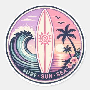 Adesivo Redondo Surf • Sol • Mar Insígnia de Onda Tropical Retro  