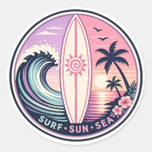 Adesivo Redondo Surf • Sol • Mar Insígnia de Onda Tropical Retro