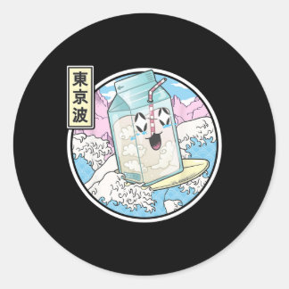 Adesivo Redondo Surfando Caixa de Leite Na Onda Japonesa Vaporwave