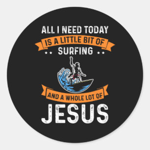 Adesivo Redondo Surfando E Jesus Esporte Cristão Surfista Prancha 
