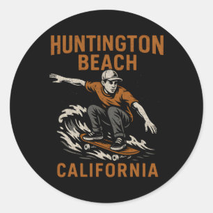 Adesivo Redondo Surfando Huntington Beach Califórnia Vintage Mascu