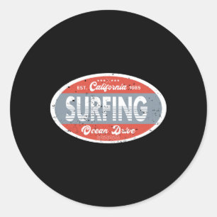 Adesivo Redondo Surfando no Oceano da Califórnia 1985 Praia Verão