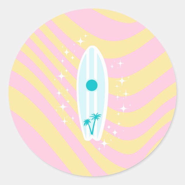 Adesivo Redondo Surfboard Rosa, Arte de Praia, Víblias Tropicais,  (Frente)