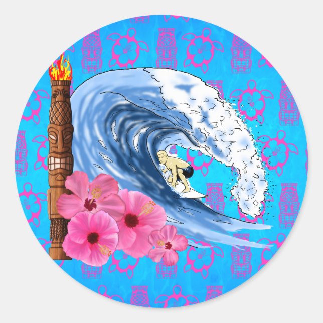 Adesivo Redondo Surfer E Tiki Statu (Frente)