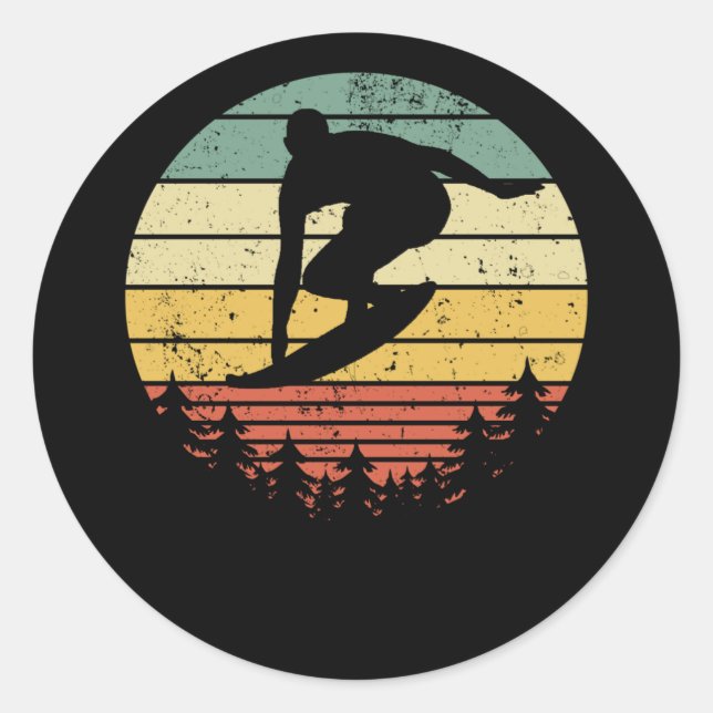 Adesivo Redondo Surfer Surfboard Surfing Retro Gift Idea (Frente)