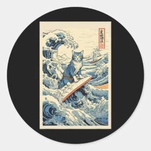 Adesivo Redondo Surfing Cat Hokusai Excelente Wave Off Kanagawa Ja