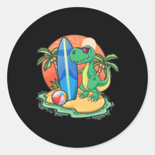 Adesivo Redondo Surfing Dinossaur Funny Beach Vacing Animal Graph