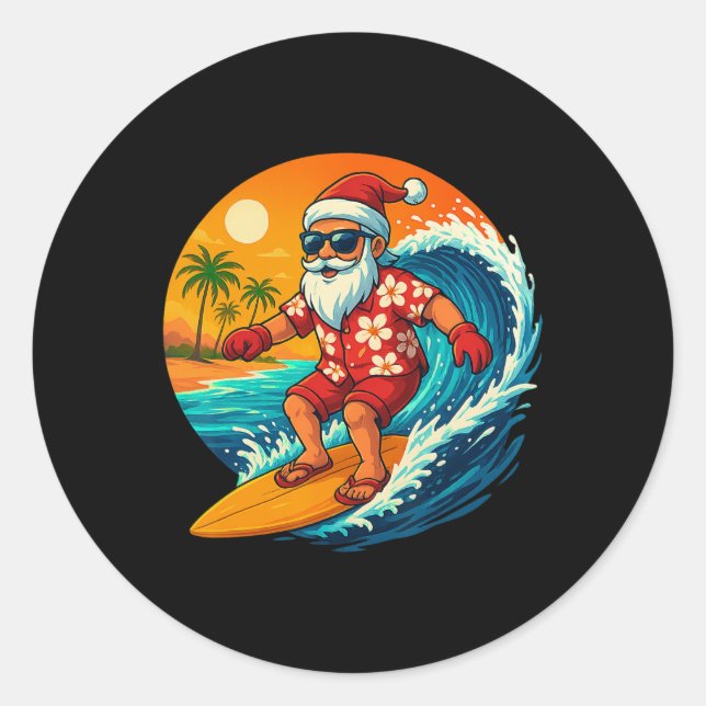 Adesivo Redondo Surfing Santa Tropical Christmas Holiday Hawaiian  (Frente)