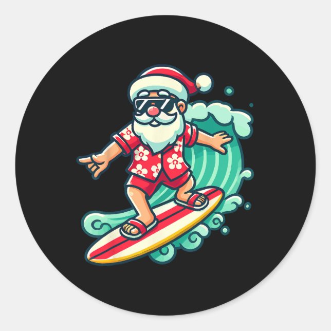 Adesivo Redondo Surfing Santa Tropical Christmas Vacation Xmas In  (Frente)