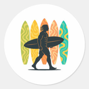 Adesivo Redondo Surfista de Verão Onda Surfe Prancha de Surfe Prai