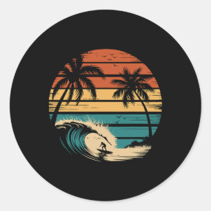 Adesivo Redondo Surfista Surfando Com Palmeiras Férias Tropicais _