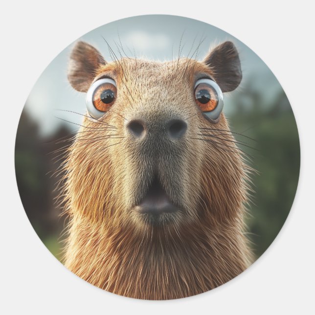 Adesivo Redondo Surpresa com Capybara Close-up (Frente)