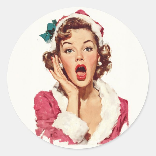 Adesivo Redondo Surprised Retro Christmas Pin-Up (Frente)