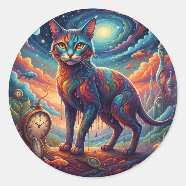 Adesivo Redondo Surrealism Whimsical Time Travel Cat (Frente)