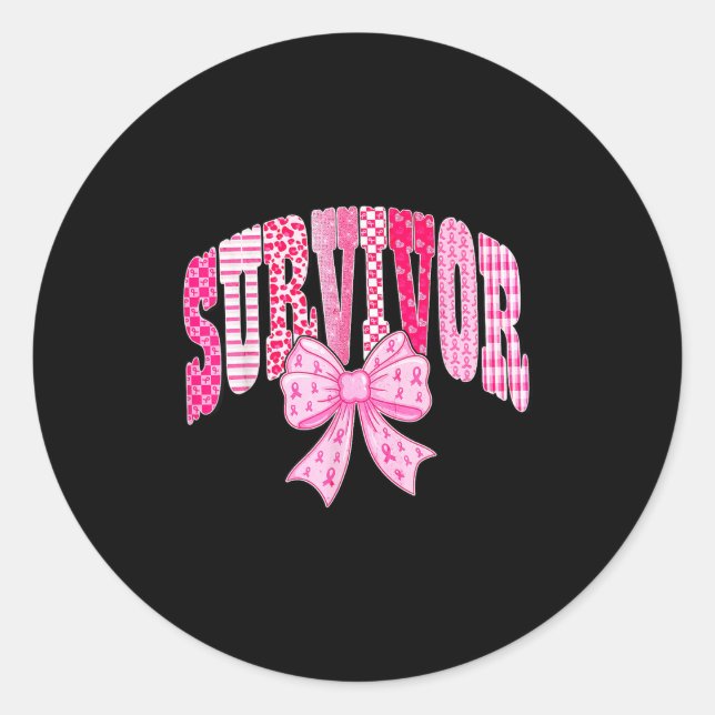 Adesivo Redondo Survivor Pink Ribbon Coquette Bow Breast Cancer Aw (Frente)