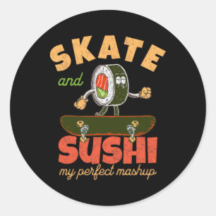 Adesivo Redondo Sushi Engraçado e Skate Fusion de Skatista Estilo 