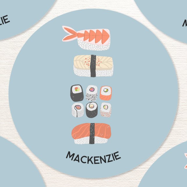 Adesivo Redondo Sushi japonês bonito personalizado (Fun Japanese sushi themed personalized sticker)